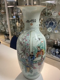 A Chinese famille verte powder blue-ground vase and a famille rose vase, 19th C.