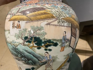 A Chinese famille verte 'yenyen' 'rice production' vase and a large blue and white 'peacock' dish, 19th C.