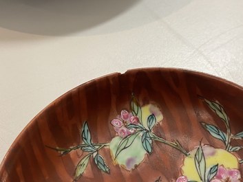 A pair of Chinese famille rose 'faux-bois' cups and saucers, Yongzheng/Qianlong