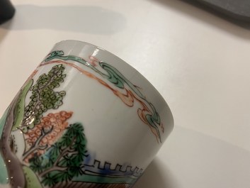 Eight Chinese famille rose and verte cups and saucers, Kangxi/Qianlong
