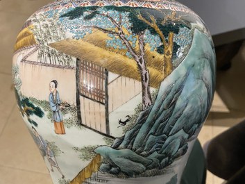 A Chinese famille verte 'yenyen' 'rice production' vase and a large blue and white 'peacock' dish, 19th C.