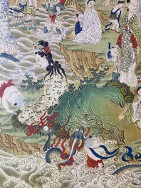 Chinese school, ink and color on canvas: 'Mountainous landscape with goddesses, mythical animals and boys', 19/20th C.