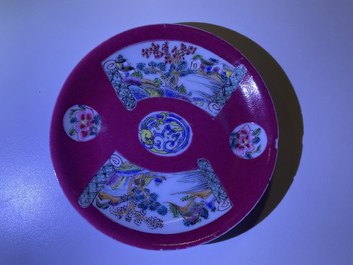 Three Chinese famille rose ruby-ground cups and saucers, Yongzheng