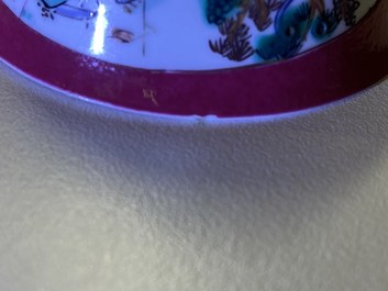 Three Chinese famille rose ruby-ground cups and saucers, Yongzheng