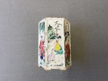 A hexagonal Chinese famille rose brush pot with figurative panels, Yongzheng