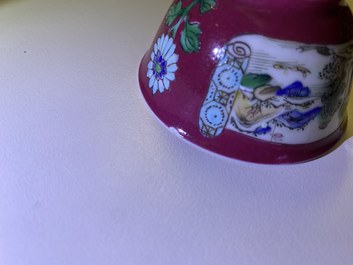Three Chinese famille rose ruby-ground cups and saucers, Yongzheng