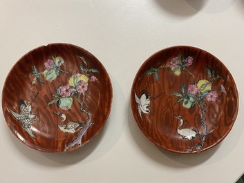A pair of Chinese famille rose 'faux-bois' cups and saucers, Yongzheng/Qianlong