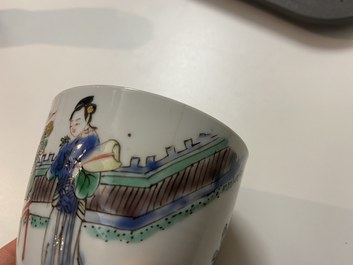 Eight Chinese famille rose and verte cups and saucers, Kangxi/Qianlong