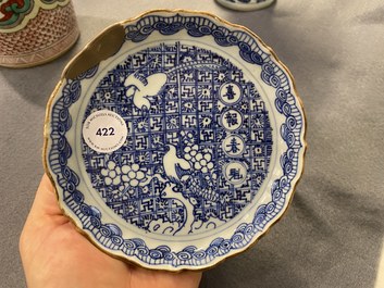 A Chinese blue and white shonzui ko-sometsuke dish with birds and calligraphy, Chongzhen