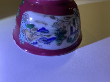 Three Chinese famille rose ruby-ground cups and saucers, Yongzheng