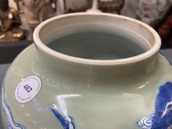 A Chinese blue, white and copper-red celadon-ground vase, Kangxi