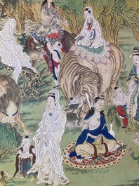 Chinese school, ink and color on canvas: 'Mountainous landscape with goddesses, mythical animals and boys', 19/20th C.