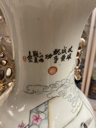 A Chinese famille verte powder blue-ground vase and a famille rose vase, 19th C.