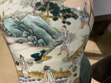 A Chinese famille verte 'yenyen' 'rice production' vase and a large blue and white 'peacock' dish, 19th C.