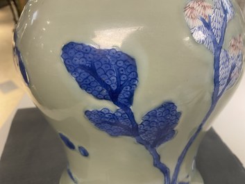 A Chinese blue, white and copper-red celadon-ground vase, Kangxi