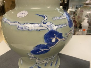 A Chinese blue, white and copper-red celadon-ground vase, Kangxi