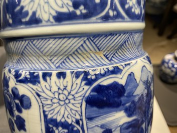 A Chinese blue and white 'gu' vase with floral and lanscape panels, Kangxi