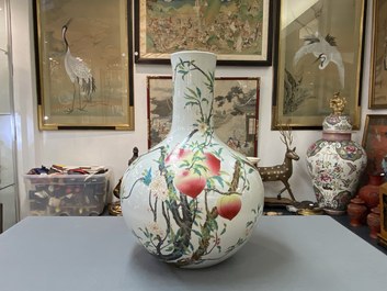 A Chinese famille rose 'tianqiu ping' 'nine peaches' vase, Qianlong mark, 20th C.