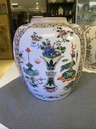 A pair of Chinese famille verte jars and covers, Kangxi