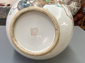A Chinese famille rose 'tianqiu ping' 'nine peaches' vase, Qianlong mark, 20th C.