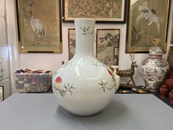 A Chinese famille rose 'tianqiu ping' 'nine peaches' vase, Qianlong mark, 20th C.