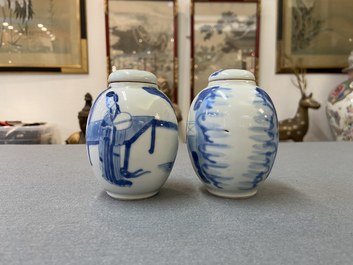 Two Chinese blue and white tea caddies and covers, Kangxi
