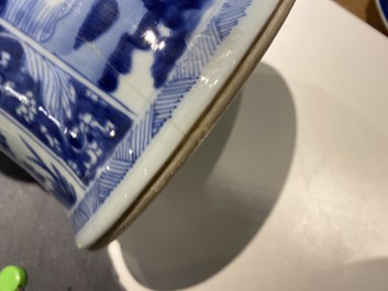 A Chinese blue and white 'gu' vase with floral and lanscape panels, Kangxi