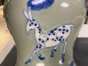 A Chinese blue, white and copper-red celadon-ground vase, Kangxi