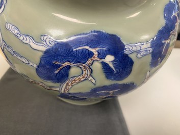 A Chinese blue, white and copper-red celadon-ground vase, Kangxi