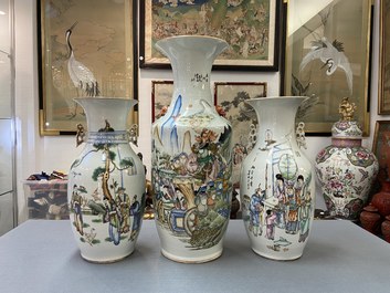 Three Chinese famille rose and qianjiang cai vases, 19/20th C.