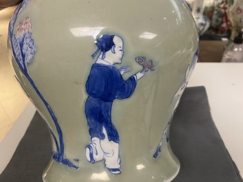 A Chinese blue, white and copper-red celadon-ground vase, Kangxi