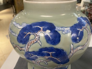 A Chinese blue, white and copper-red celadon-ground vase, Kangxi