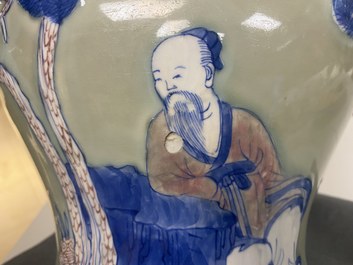 A Chinese blue, white and copper-red celadon-ground vase, Kangxi