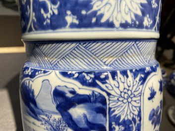 A Chinese blue and white 'gu' vase with floral and lanscape panels, Kangxi