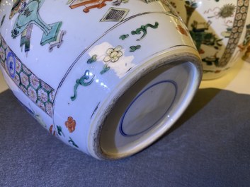 A pair of Chinese famille verte jars and covers, Kangxi