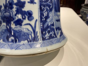 A Chinese blue and white 'gu' vase with floral and lanscape panels, Kangxi