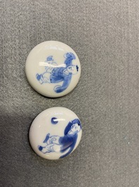 Two Chinese blue and white tea caddies and covers, Kangxi