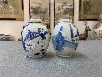 Two Chinese blue and white tea caddies and covers, Kangxi