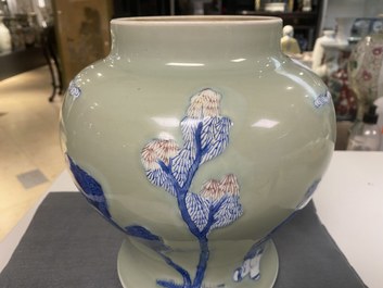 A Chinese blue, white and copper-red celadon-ground vase, Kangxi