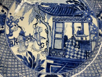 A pair of large Chinese blue and white 'Xi Xiang Ji' shallow dishes, Yongzheng