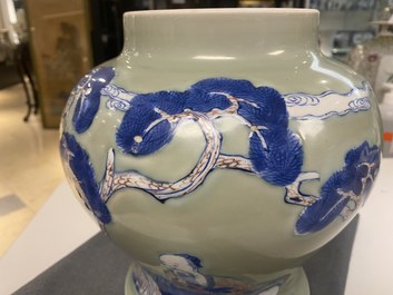 A Chinese blue, white and copper-red celadon-ground vase, Kangxi