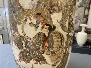 A pair of tall Japanese Satsuma vases, Meiji, 19th C.