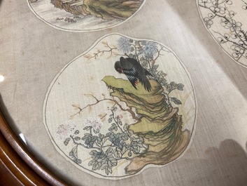 Chinese school, ink and color on textile fan leaf: 'Birds and a mountainous landscape', 19/20th C.
