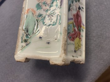 A hexagonal Chinese famille rose brush pot with figurative panels, Yongzheng