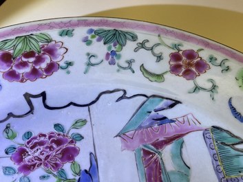 Three Chinese blue and white and famille rose dishes, Kangxi/Yongzheng