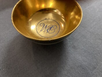 Six rare Chinese monogrammed gilt-ground cups and saucers, Yongzheng/Qianlong