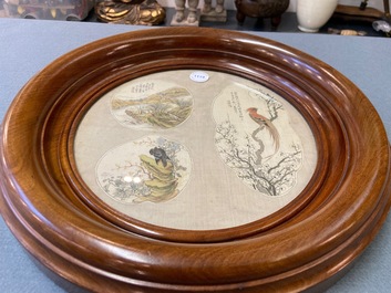 Chinese school, ink and color on textile fan leaf: 'Birds and a mountainous landscape', 19/20th C.