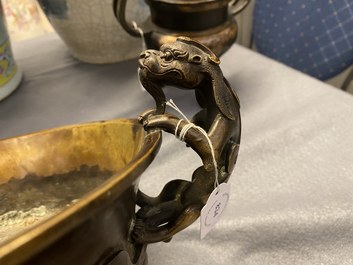 A large Chinese bronze tripod censer with chilong handles, Xuande mark, 18/19th C.