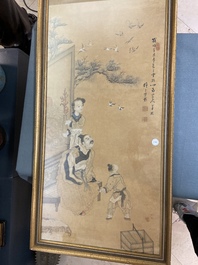 Jie San (20&egrave;me), encre et couleurs sur papier: 'Zhonghan, Xin Chou et Meng Xia devant un tableau'