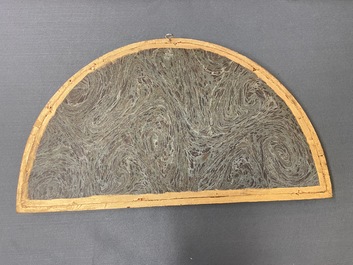 Chinese school, ink and color on paper fan leaf: 'Mountainous landscape', 19/20th C.